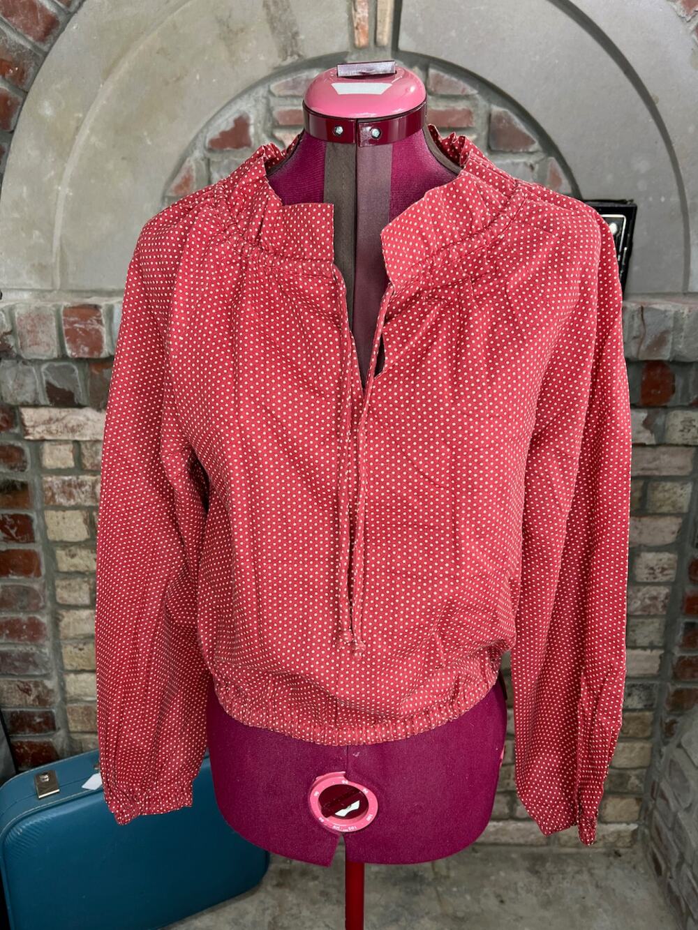peasant blouse ruffle collar red polkadot